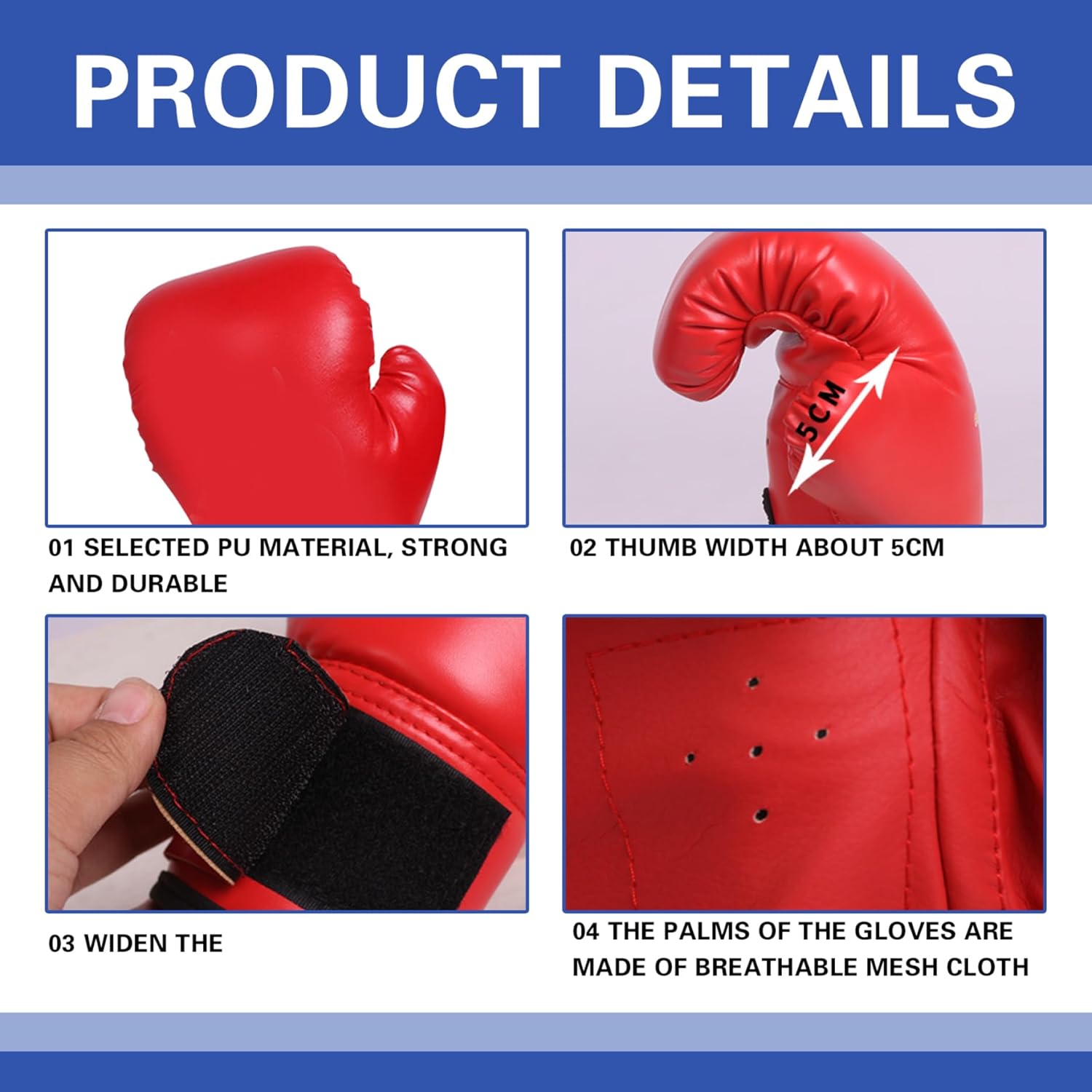 2 Pair Boxing Gloves, Red & Blue Boxing Gloves, Breathable PU Boxing Gloves with Fastening Tape, Stuffed Boxing Mitts for Training, Exercising, Game, Youth Boxing Gloves