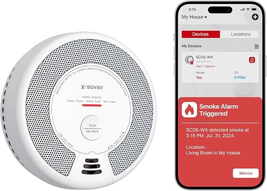 X-Sense SC06-WX Wi-Fi Carbon Monoxide Smoke Detector, Pack of 1 | Combined smoke and CO alarm, replaceable battery, management via X-Sense app