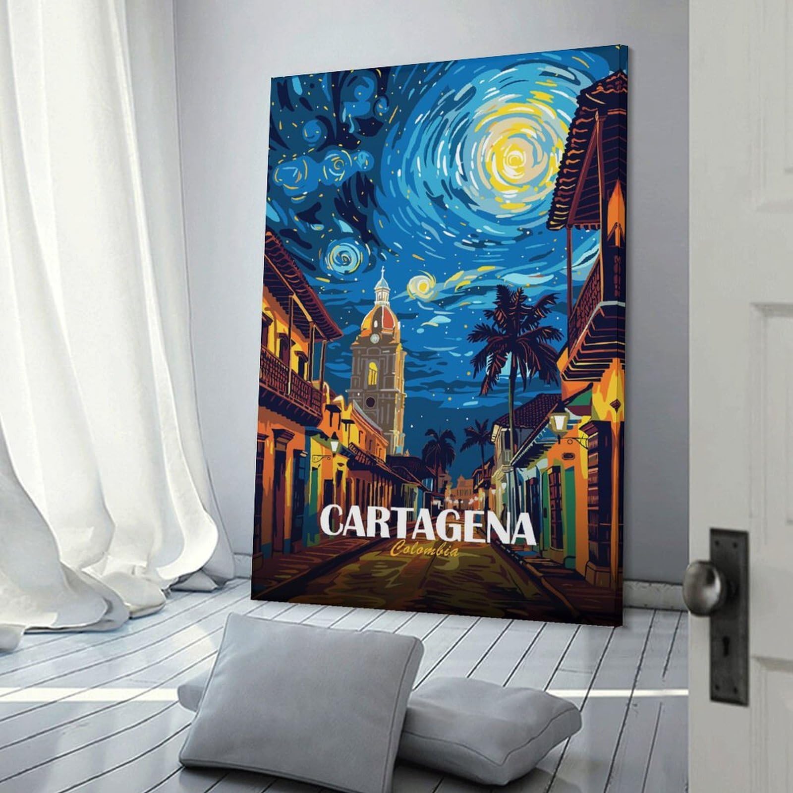 Junmoney Cartagena Colombia Starry Night Cityscape Canvas Art Print 12x18inch(30x45cm), for Front Hall, Corridor Or Welcome Spaces, Home Artwork for First Impressions