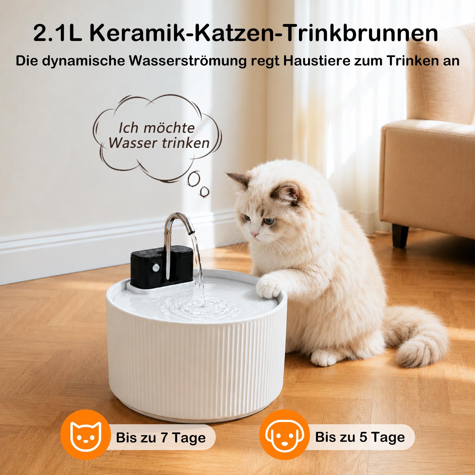 Katzenbrunnen Kabellos Keramik, 2,2L Trinkbrunnen für Katzen Keramik, Leise Katzenbrunnen Bewegungsmelde, Automatischer Wasserspender für Katzen und Hunde mit Filtersystem, 4200mAh Akku, Weiß