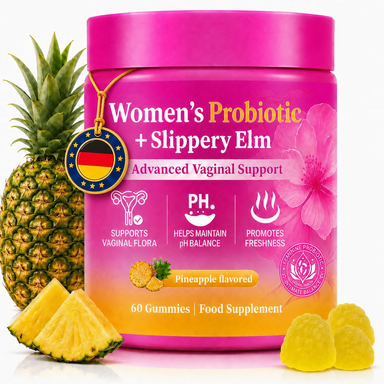 Probiotika Gummies für Frauen, 60 Stück – Cortisol Cocktail Routine, Milchsäurebakterienkulturen mit Roter Ulmenrinde & XOS, Ananasgeschmack, zuckerfrei, vegan, glutenfrei