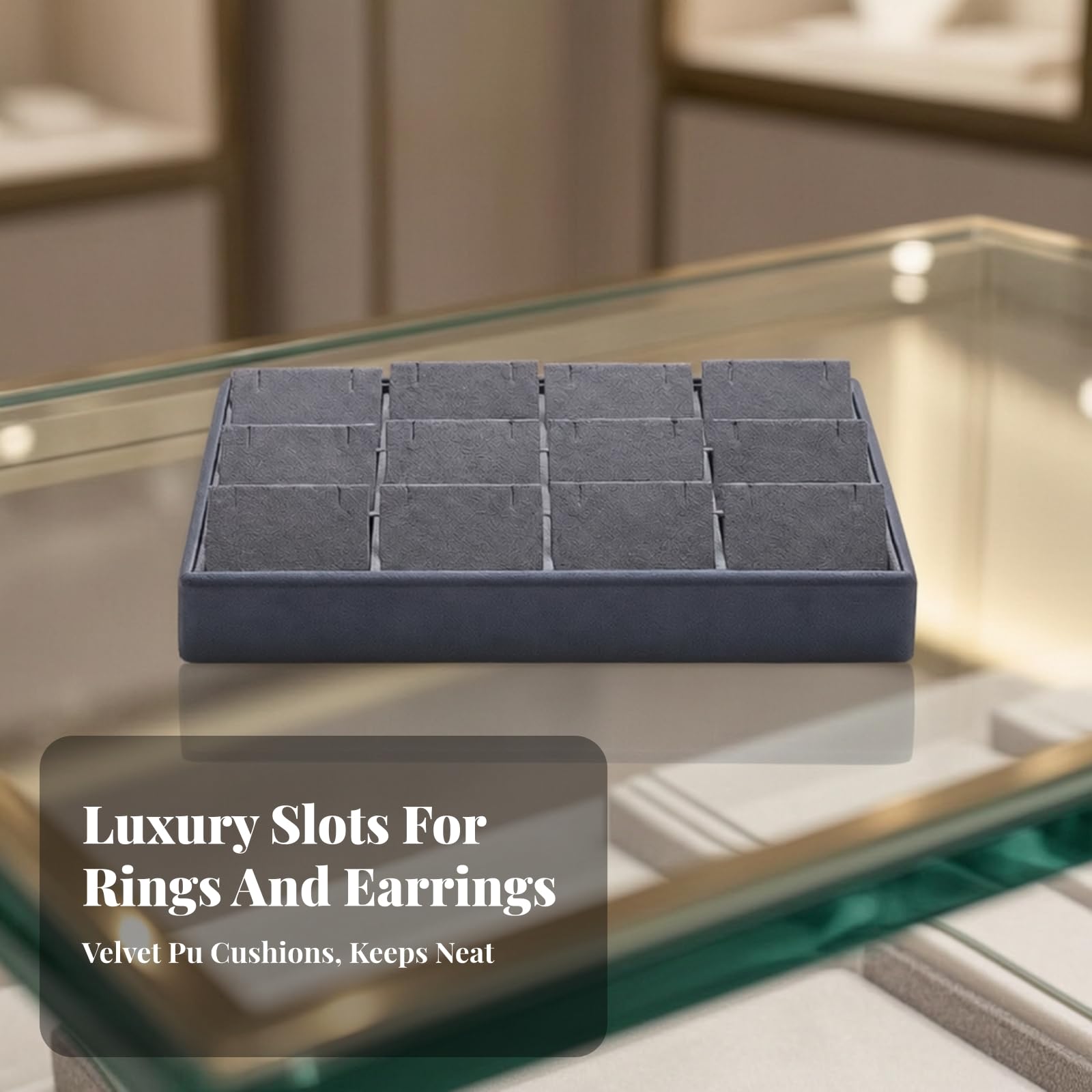 Vassoio per Gioielli Stabile Gioielleria , Vassoio Per Esposizione Gioielli, Modello EB06708, Colore Grigio Scuro, Design Per Collane, Stile Nordico, Materiale PU E Velluto, Dimensioni 25x18x3 Cm