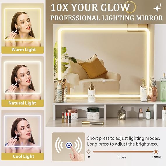 COMHOMA Vanity Desk with Mirror and Lights, Makeup Vanity Table with 4 Drawers & Storage Shelves, Large HD Mirror, 3 Color Modes & Adjustable Brightness, Modern Dressing Table for Bedroom, Pearl White