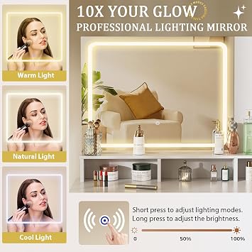 COMHOMA Vanity Desk with Mirror and Lights, Makeup Vanity Table with 4 Drawers & Storage Shelves, Large HD Mirror, 3 Color Modes & Adjustable Brightness, Modern Dressing Table for Bedroom, Pearl White
