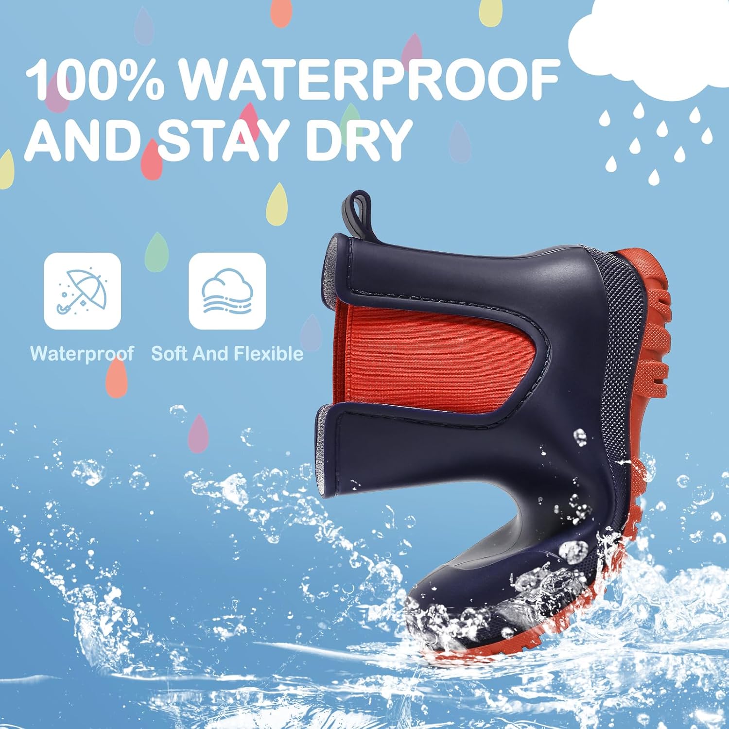 Kids Rain Boots, Waterproof Chelsea Rubber Boots for Boys and Girls, Non-Slip Ankle Muck Toddler Rainboots, Outdoor, Farm, Park, Hiking, Fishing, School Playing