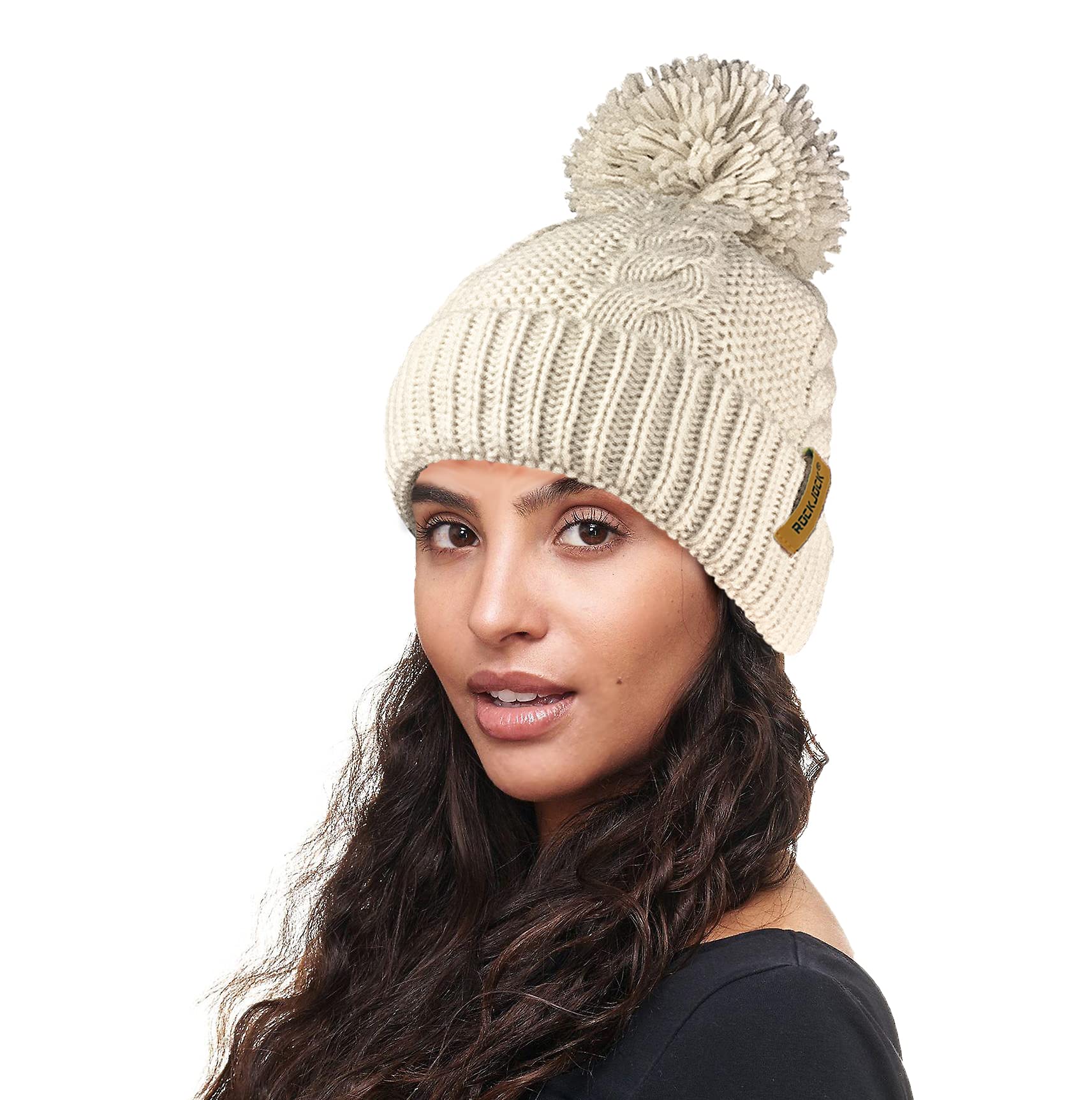 Rockjock Natural R80 Warm Chunky Cable Knit Pom Pom Hat With Thermal Insulating Teddy Fleece Liner