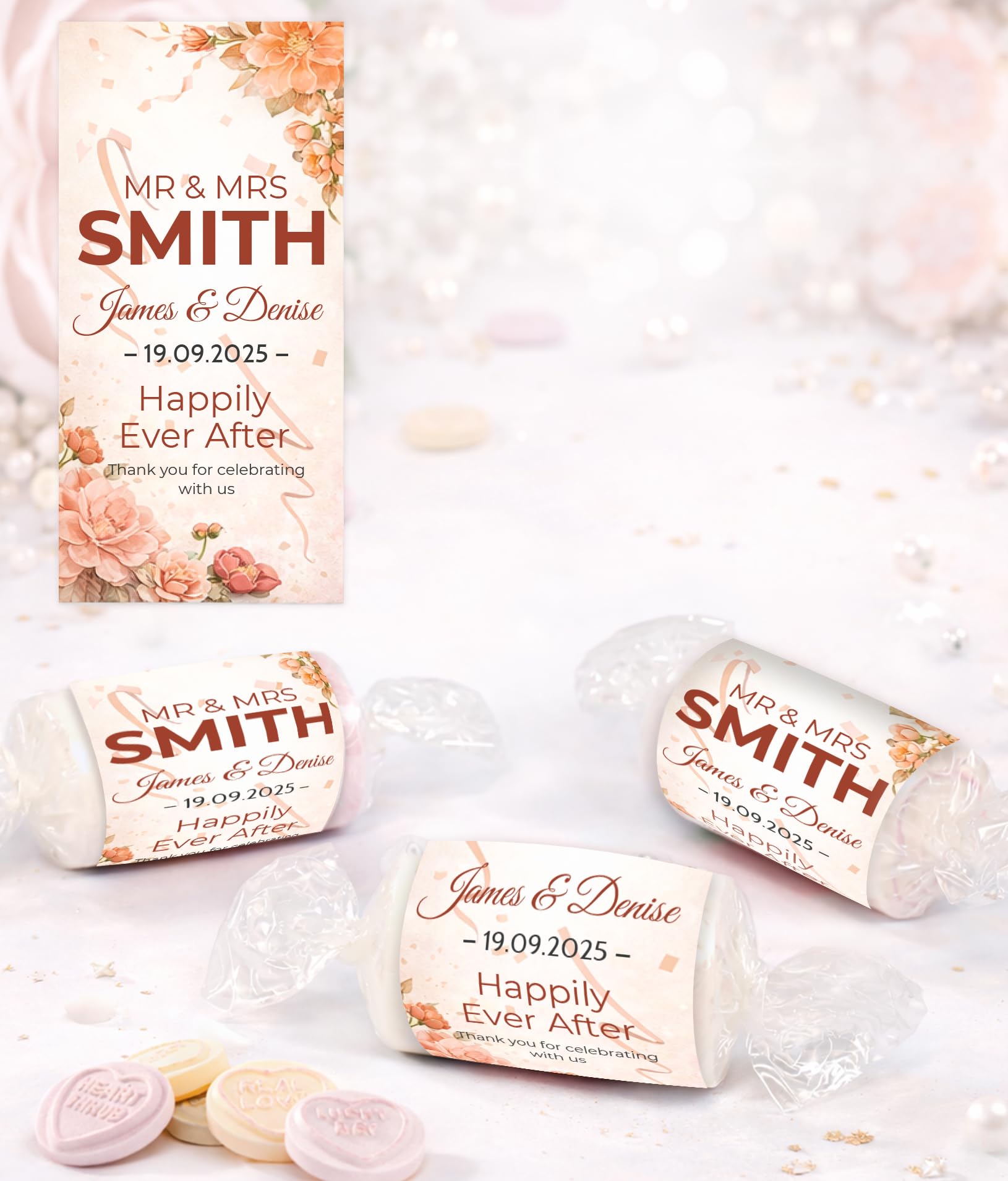 Personalised Wedding Favours Love Hearts Sweets, Happily Ever After Design, Custom Wrapped Mini Sweets, Mr & Mrs Wedding Favours UK (Warm Peach)