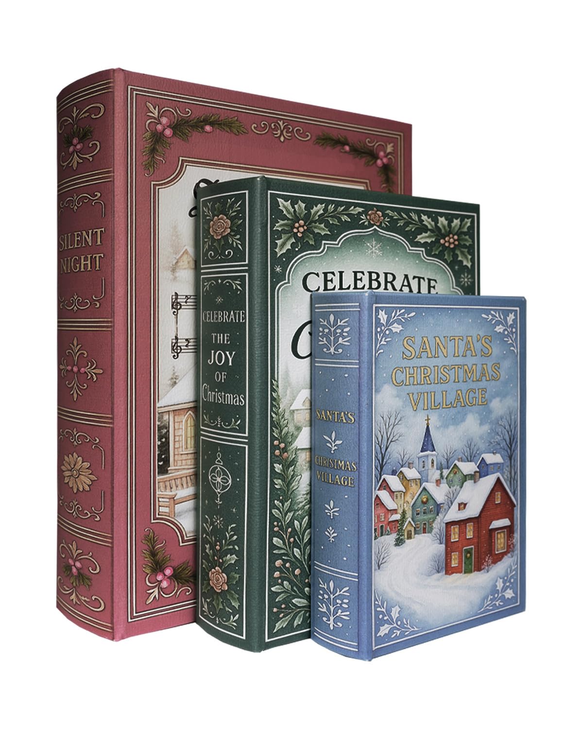 XIAOAIKA Christmas Decorative Wooden Book Box Set of 3 – Vintage Faux Book Boxes with Leather Cover, Secret Storage with Magnetic Closure, Holiday Gift Box for Home Office Bookshelf Decor