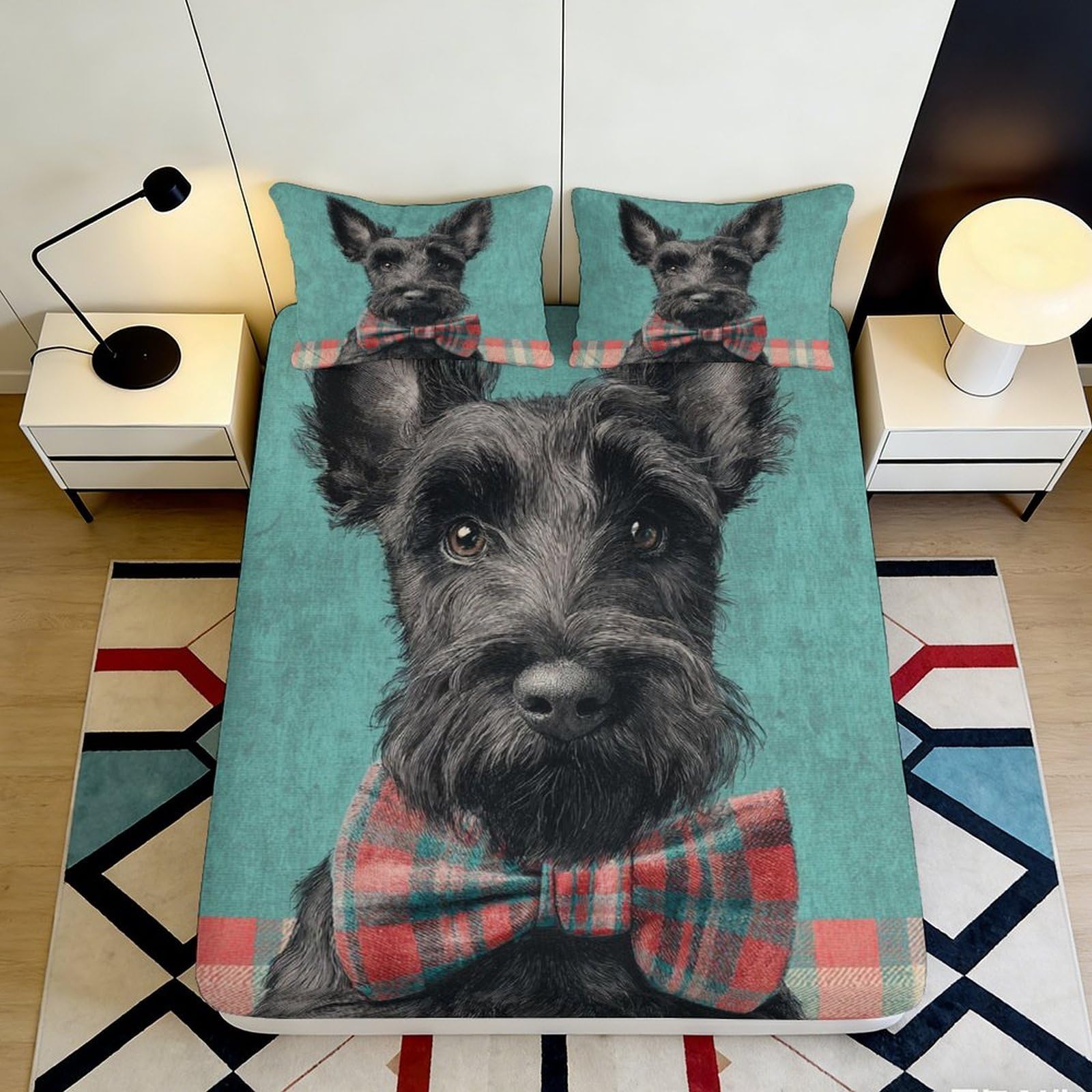 Pnayamiorkfel Style-7 3D Printed Scottish Terrier Fitted Sheet Microfiber Soft Bedroom Decor Plaid Bow Mattress Cover For Home Dorm 90X200x25cm