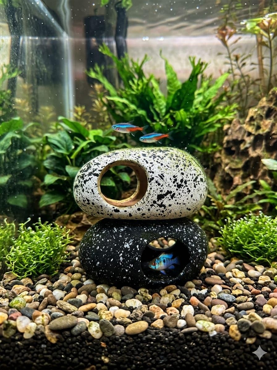 Aquarium Rock Cave Pack of 2 Ceramic Decoration for Fish Tank Hideaway Stone Ornament Breeding Resting Cave for Betta Goldfish Shrimp Aquatic Pets Fish Tank Landscape Decor Accessories-image-4