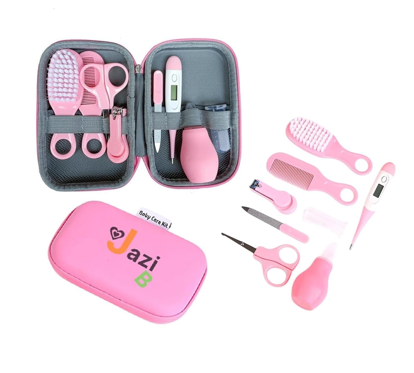 Baby Care 8-in-1 Newborn Grooming Kit, Blue,Yallow,Pink Travel Case with Nail Clippers, Hair Brush, Comb, Thermometer & More for Infants and Toddlers Girls & Boys Manicure Pedicure Set (Pink)