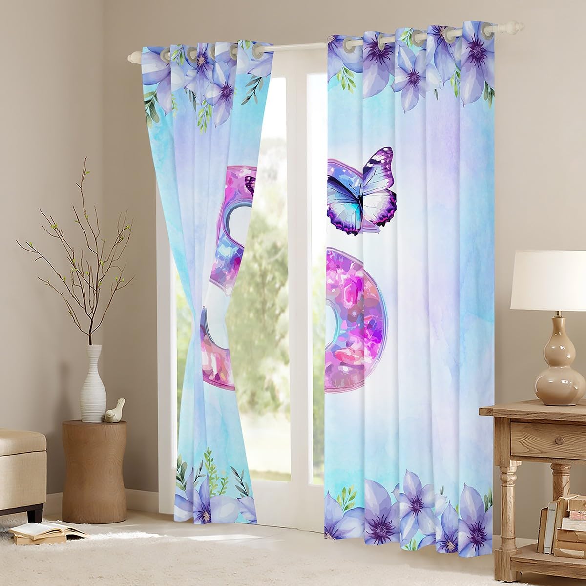 Homewish Rideau Occultant 140x175 cm Lettre Initiale S, Rideau Papillon Violet, Rideaux Voilage Fleur Florale Élégante, Voilage Fenetre Animal Fantaisiste de Rêve pour Chambre Salon