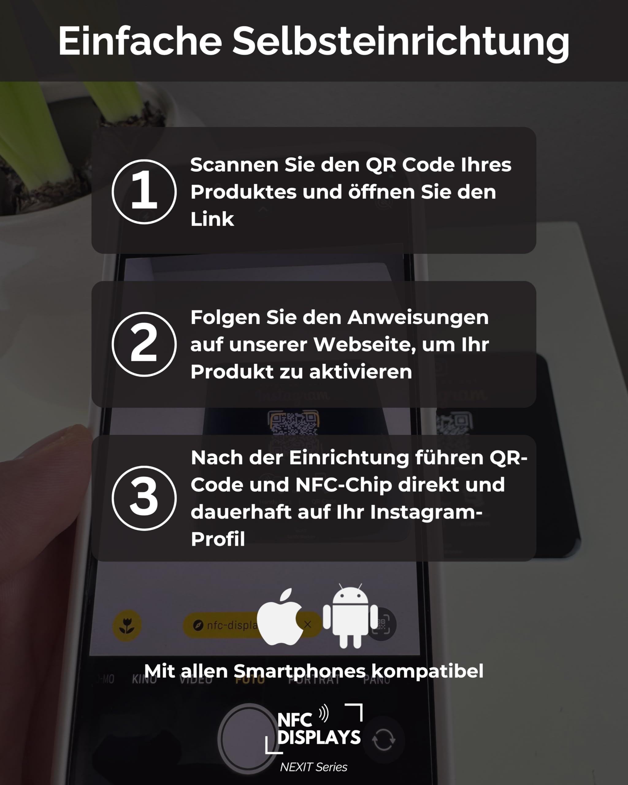 Karte/Schild für Instagram mit QR-Code und NFC (12x12cm selbstklebend) - schwarz