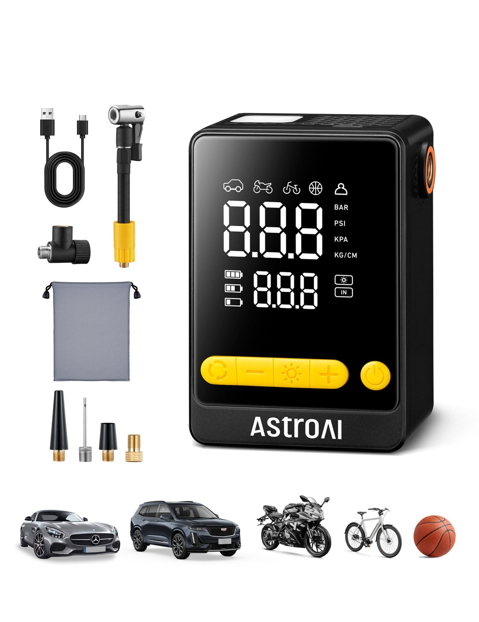 AstroAI Mini Elektrische Luftpumpe, Kabellose Fahrradpumpe, 2X Schnellere Reifenpumpe mit Großem Dual-Display, Autostop, 10,3 Bar für Auto, Fahrrad, Motorrad, Bälle