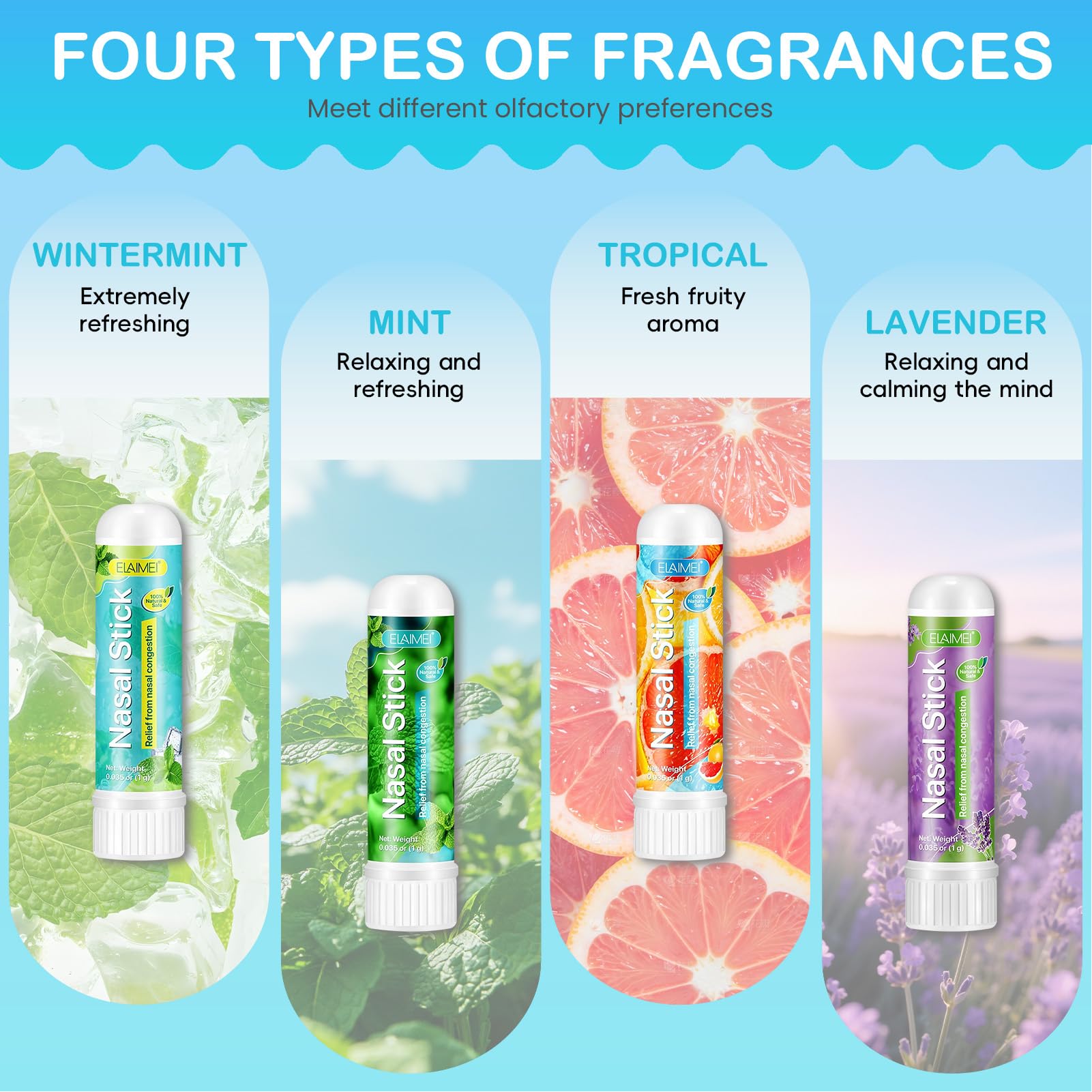 Nasal Stick 4 Pack, Bastone Nasale Agli Oli Essenziali, Effetto Fresco Lenitivo,Rilassa la Mente e il Corpo,Migliora la Concentrazione,Inalatore Nasale-Menta, Menta Piperita, Arancia, Lavanda
