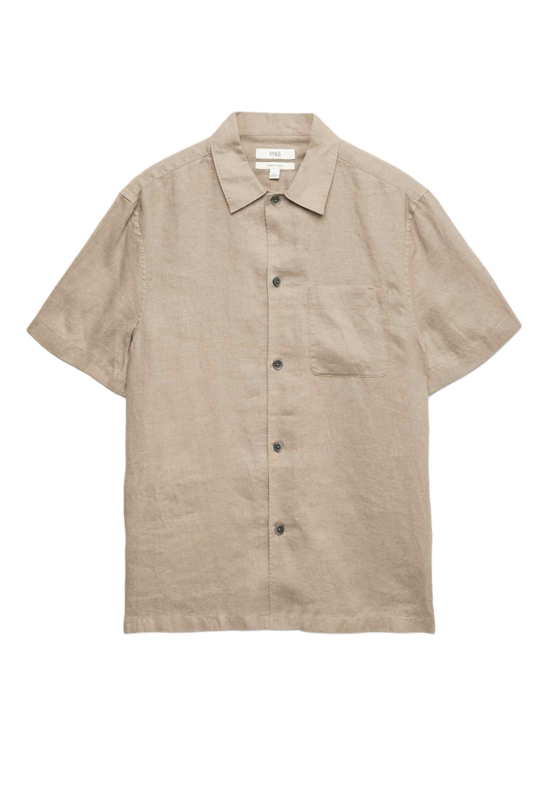 Marks & Spencer Camisa de Manga Corta de Lino Puro para Hombre, Ajuste Normal, Cuello Clásico, Transpirable