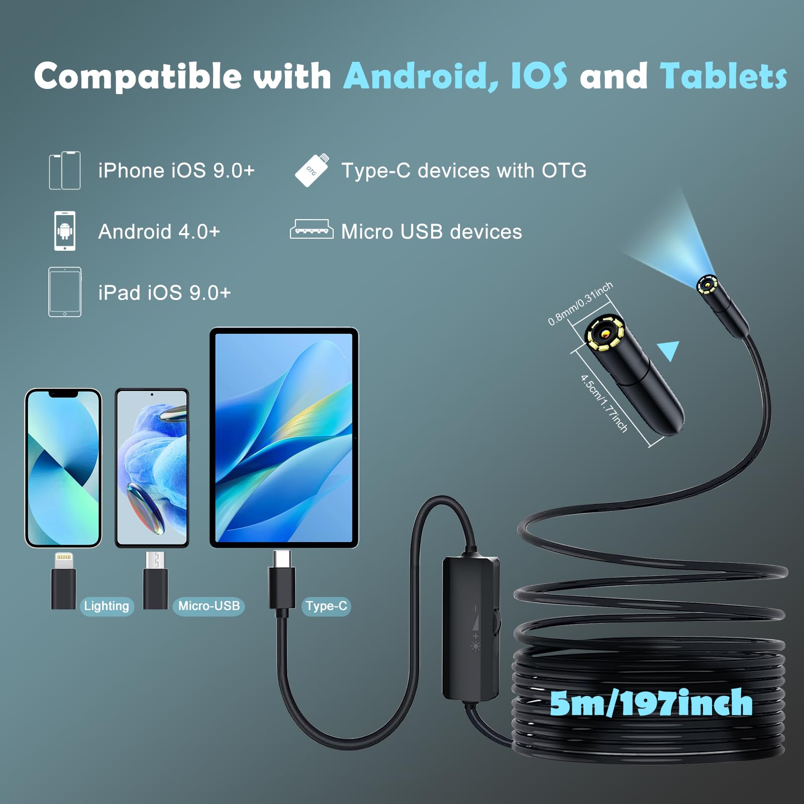 Endoscopio 5m para Móvil, Cámara Endoscópica 1920x1080 HD con Lente 360° y 8 LED, Cámara de Inspección Tuberías Impermeable IP67, Boroscopio USB Tipo C/Lightning Directo sin WiFi para iOS/Android - 3