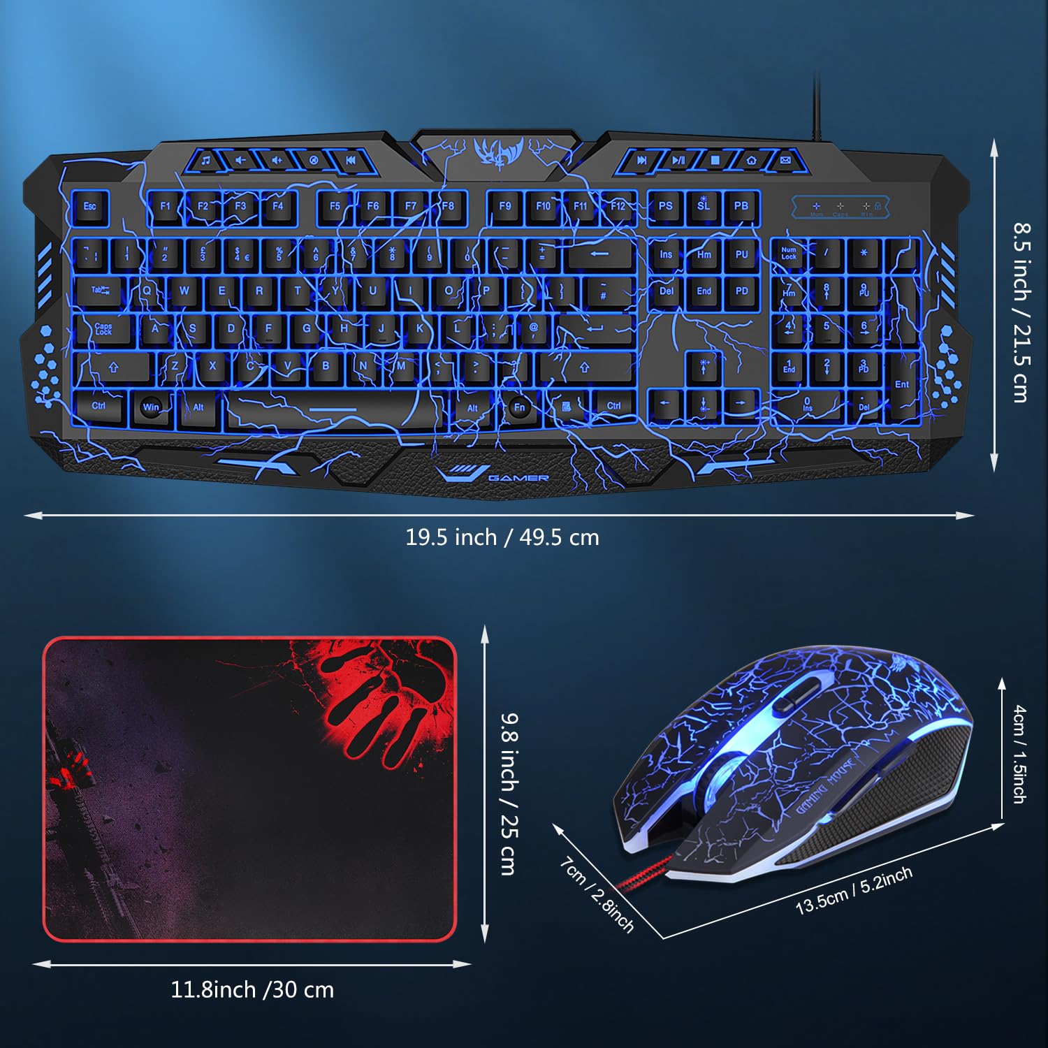 Set di tastiera e mouse da gioco con cuffie, layout UK, tastiera cablata retroilluminata crack, mouse da gioco a LED a 4 colori, cuffie over-ear, tappetino per mouse grande, pacchetto tutto