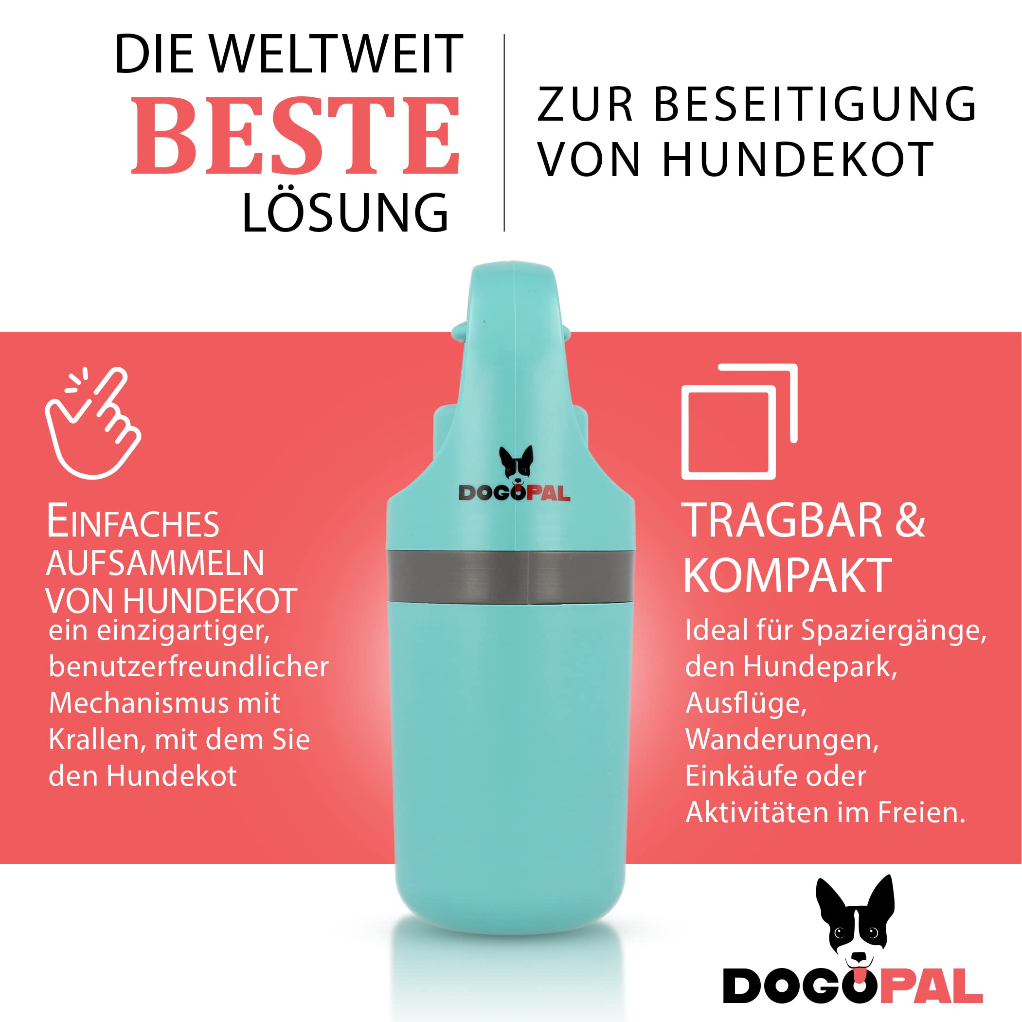 DOGOPAL 360 Hundekotgreifer mit Kotbeutelspender - Moderne Hundekotschaufel mit Hundekotbeutelspender - Pooper Scooper - Einfaches Aufsammeln von Hundekot für kleine, mittlere & große Hunde