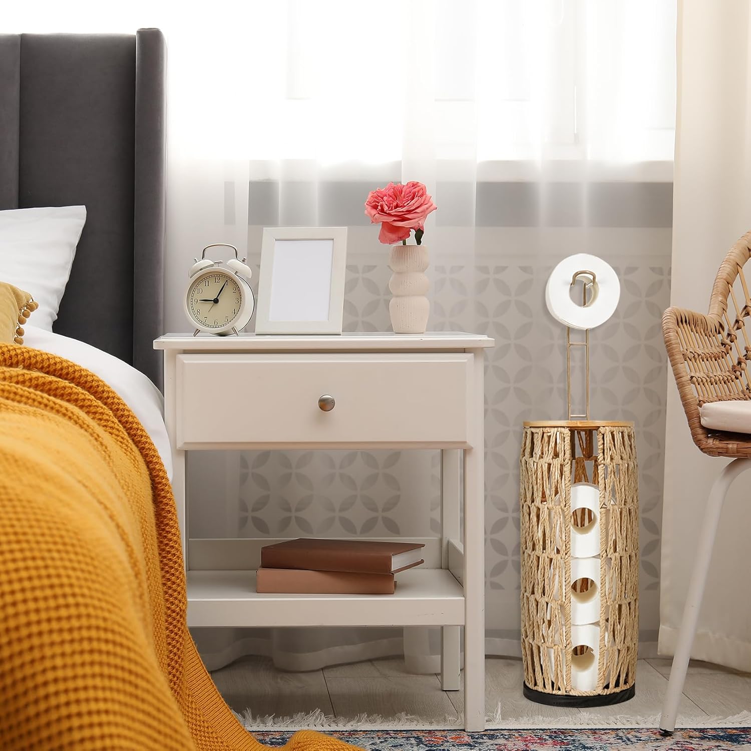 Freestanding Wicker Toilet Paper Holder with Lid&Storage-Holds 4 Rolls,Handmade Woven Rattan Organizer Basket for Bathroom,Boho Farmhouse Decor Tissue Stand with Storage Shelf