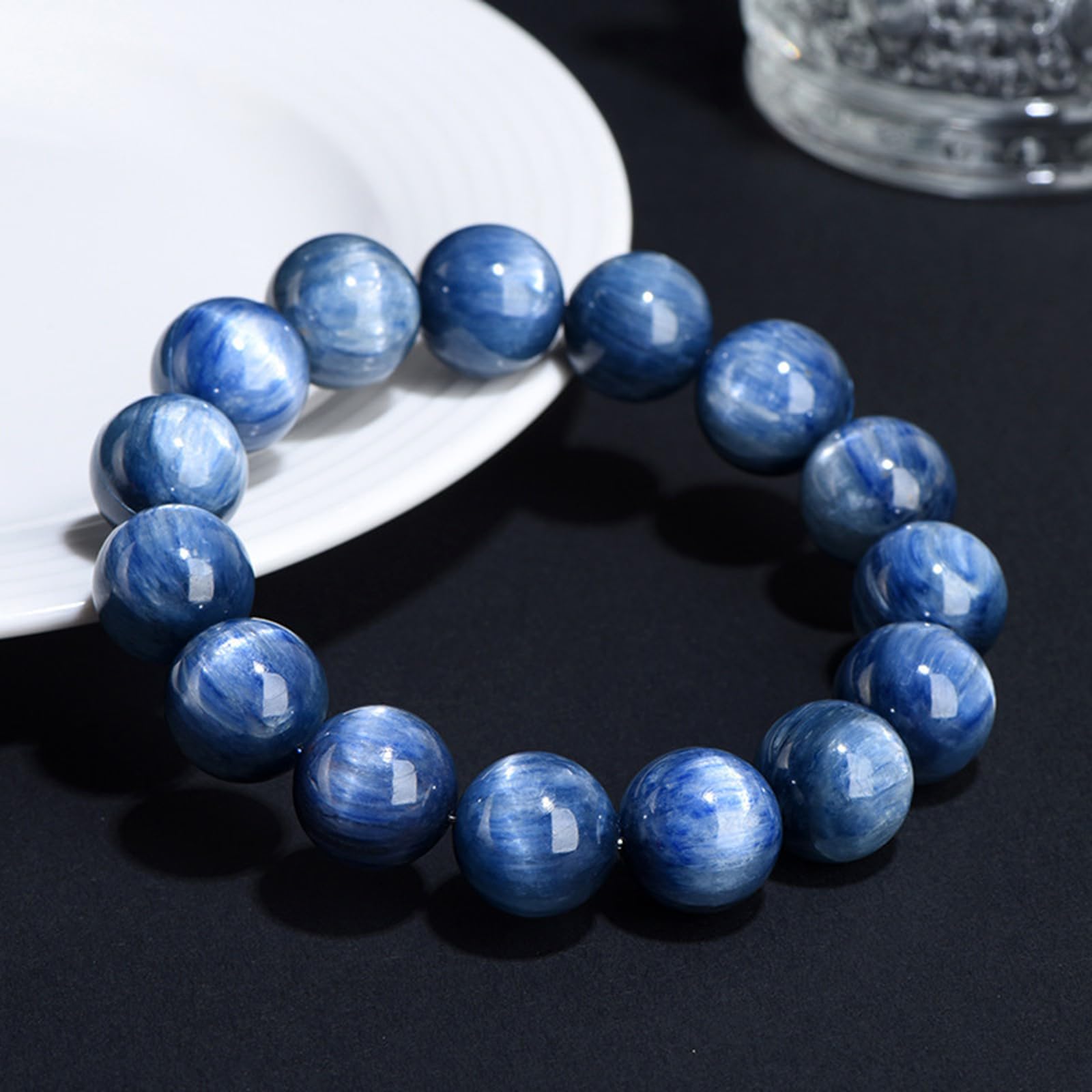 Bracciale con perline rotonde naturali di cianite blu della vecchia | Bracciale elasticizzato in cristallo per donna uomo, gioielli in pietra curativa lucidata fatti a mano per la meditazione
