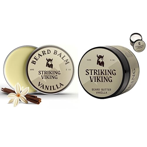 Striking Viking Paquete de 2 bálsamo para barba (2 onzas) y mantequilla de barba (4 onzas) aroma a vainilla