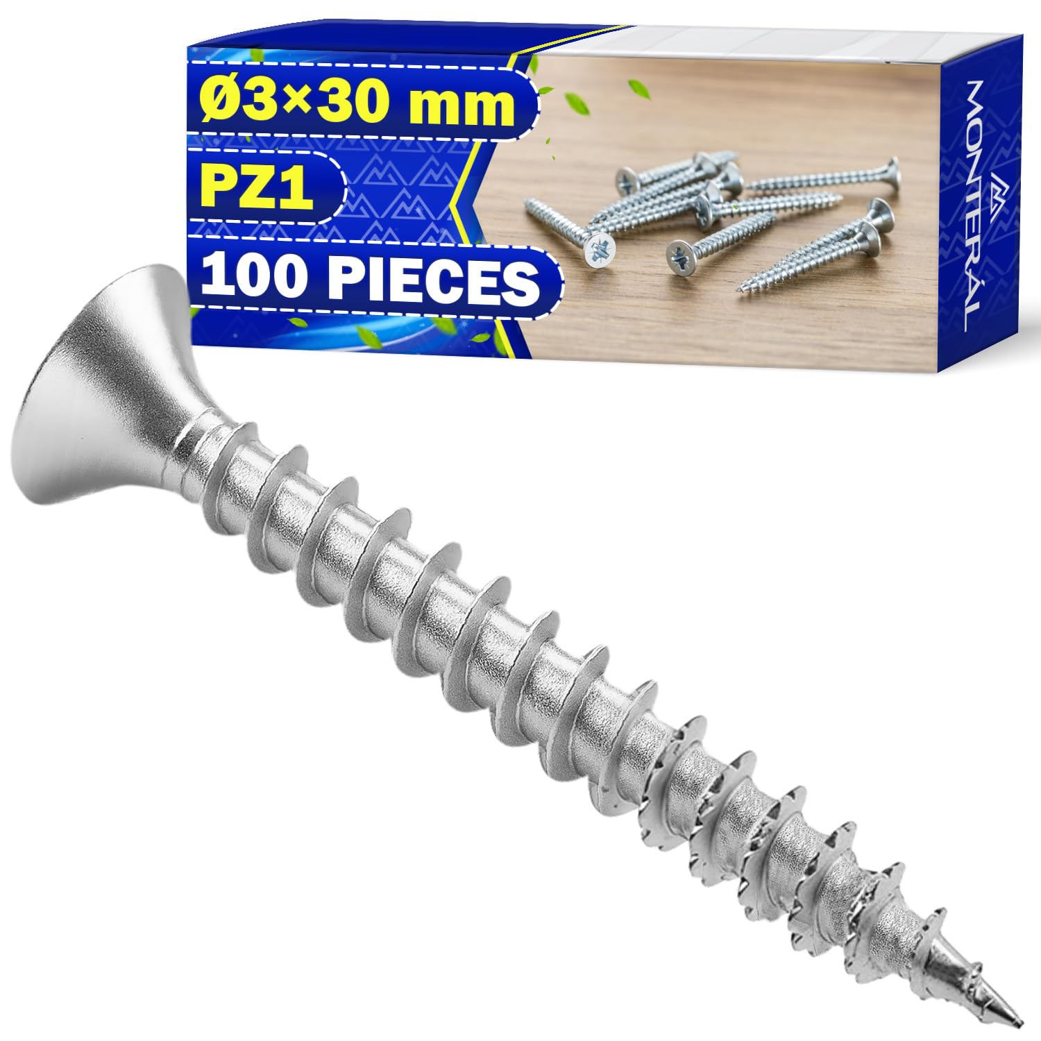 100 Pezzi di Viti per Legno Ø 3x30 mm con Tipo di Intaglio PZ1 - Realizzate in Acciaio Zincato - Possono Essere Utilizzate come Viti Legno - MONTERAL