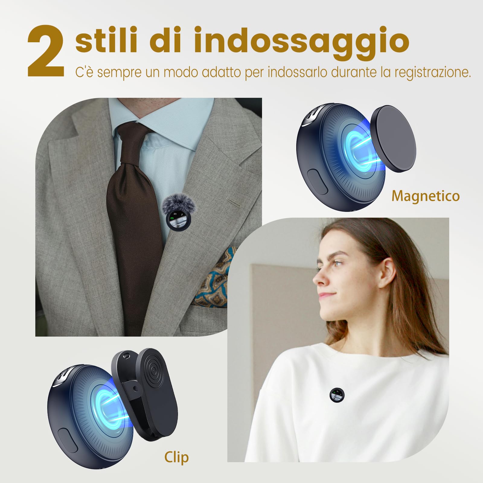 Microfono wireless 2 in 1 per iPhone e Android, mini microfono a riduzione del rumore con custodia di ricarica da 40 ore, clip magnetica per colloqui, 25 metri