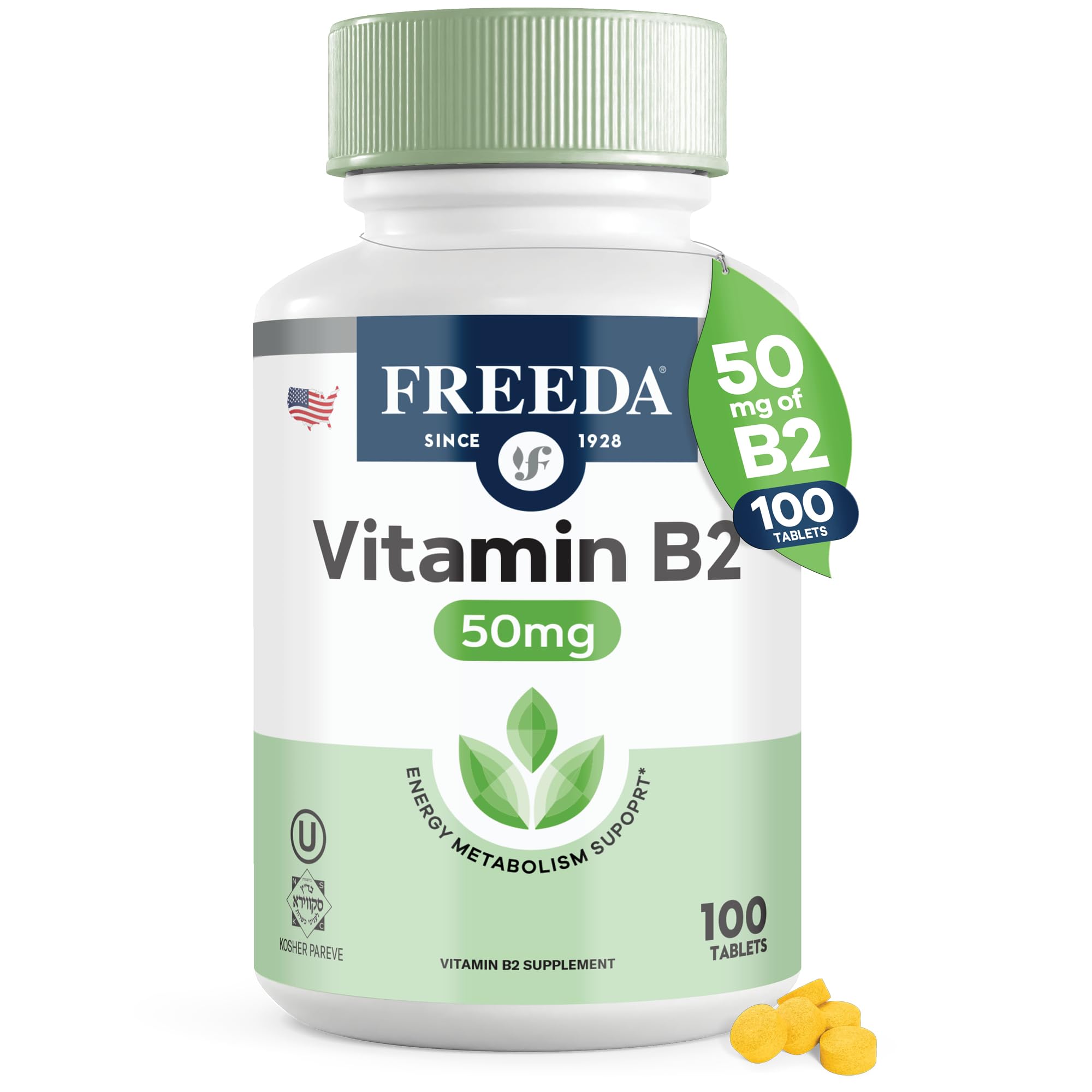 FREEDA Riboflavin Vitamin B2 Tablets – 50mg – Optimized Dose for Energy & Nervous System Support – Kosher, Vegan, GF B2 Vitamins Supplement – VIT B 2 for Brain & Metabolism (100 Ct)