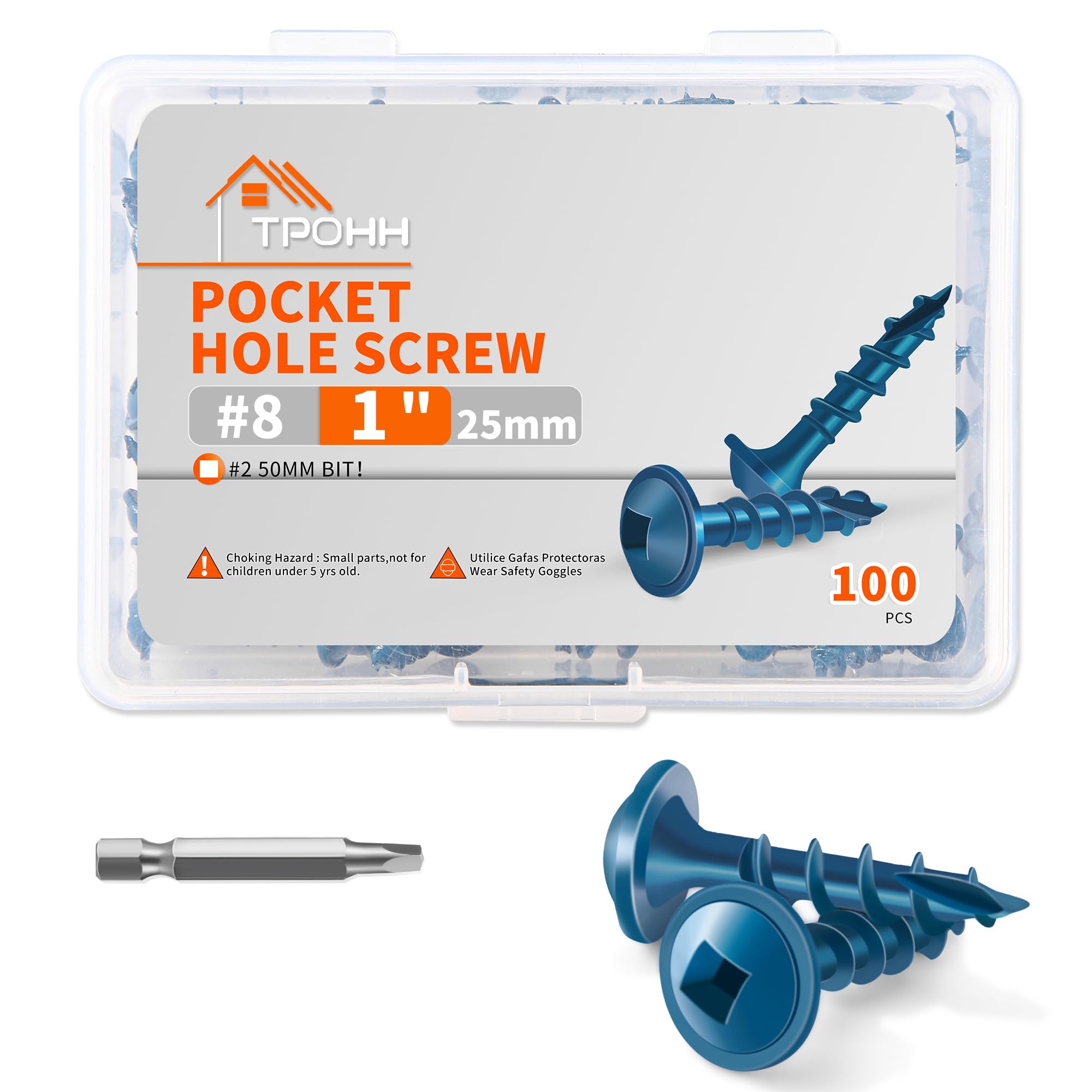 25mm Length Blue Coated, Hardened Steel Pocket Hole Screws, No.8 X 25 mm Square Drive Washer Head Wood Screw, 50mm Bit Included, Coarse Self-Cutting Threaded, Pack of 100 for DIY Projects by TPOHH — image 1