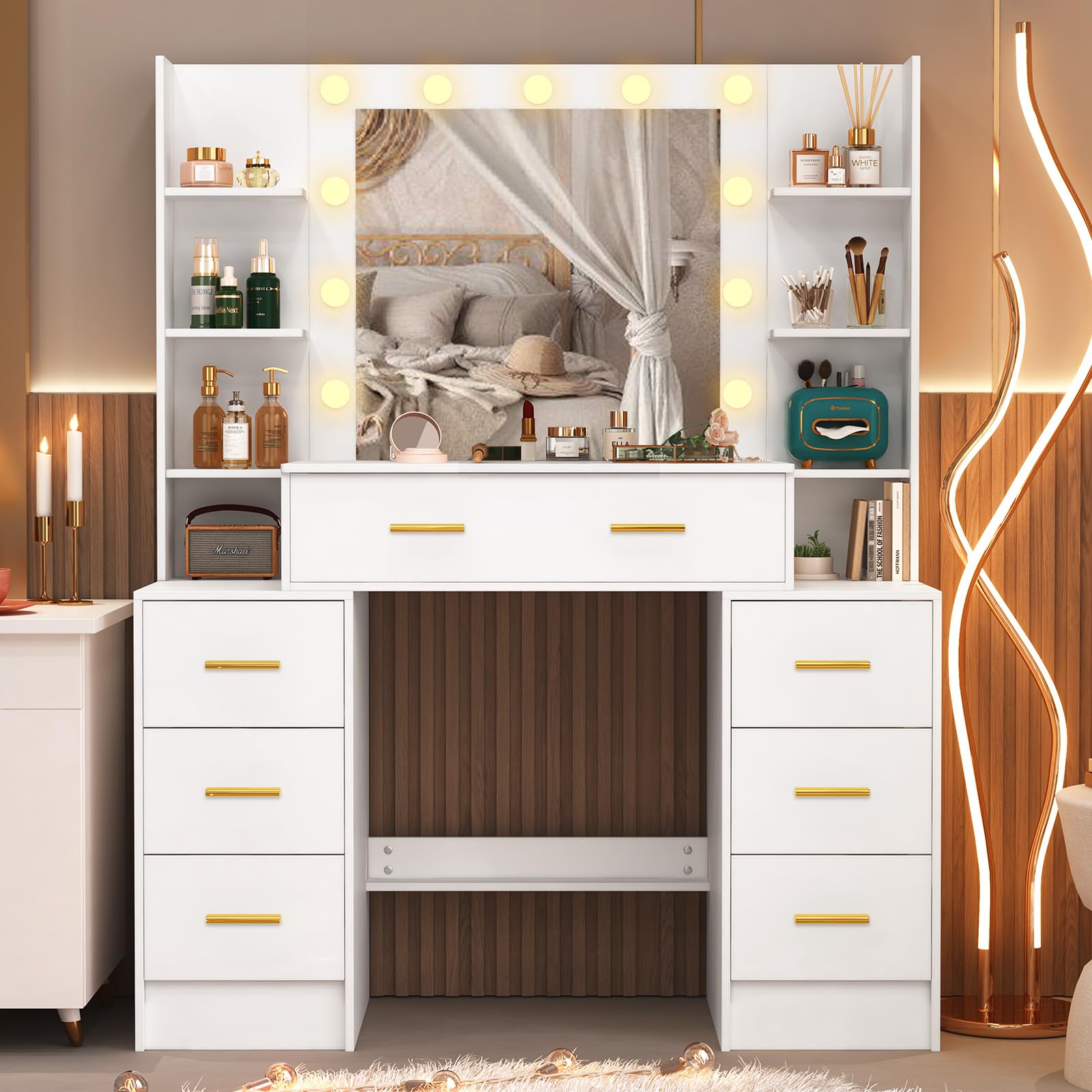 Umeiga 43 Inch Large Dressing Table with 11 LED Bulb Mirror, WhiteVanity Table with 8 Large Drawers, 6 Open Storage Shelves and Adjustable Lighting, 110x140x40 cm Bedroom Vanity for Women and Girls