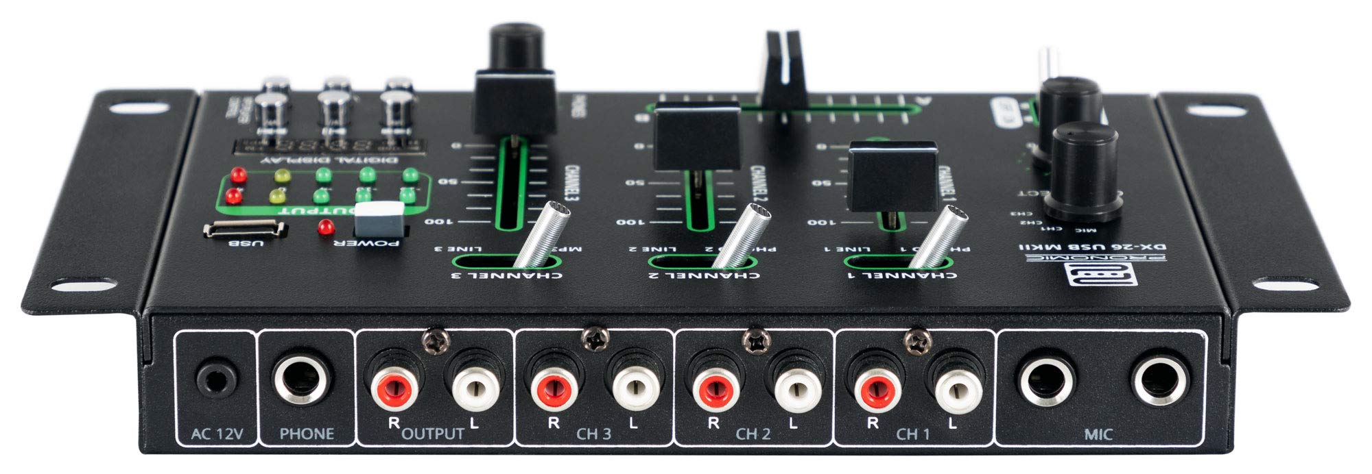 Pronomic DX-26 USB MKII DJ-Mixer, Mezclador DJ de 3 canales, Función Cue | Faders Ultraglide súper suaves de 45mm, Diseño de ruido extremadamente bajo, Construcción robusta, Salida de auriculares de 6
