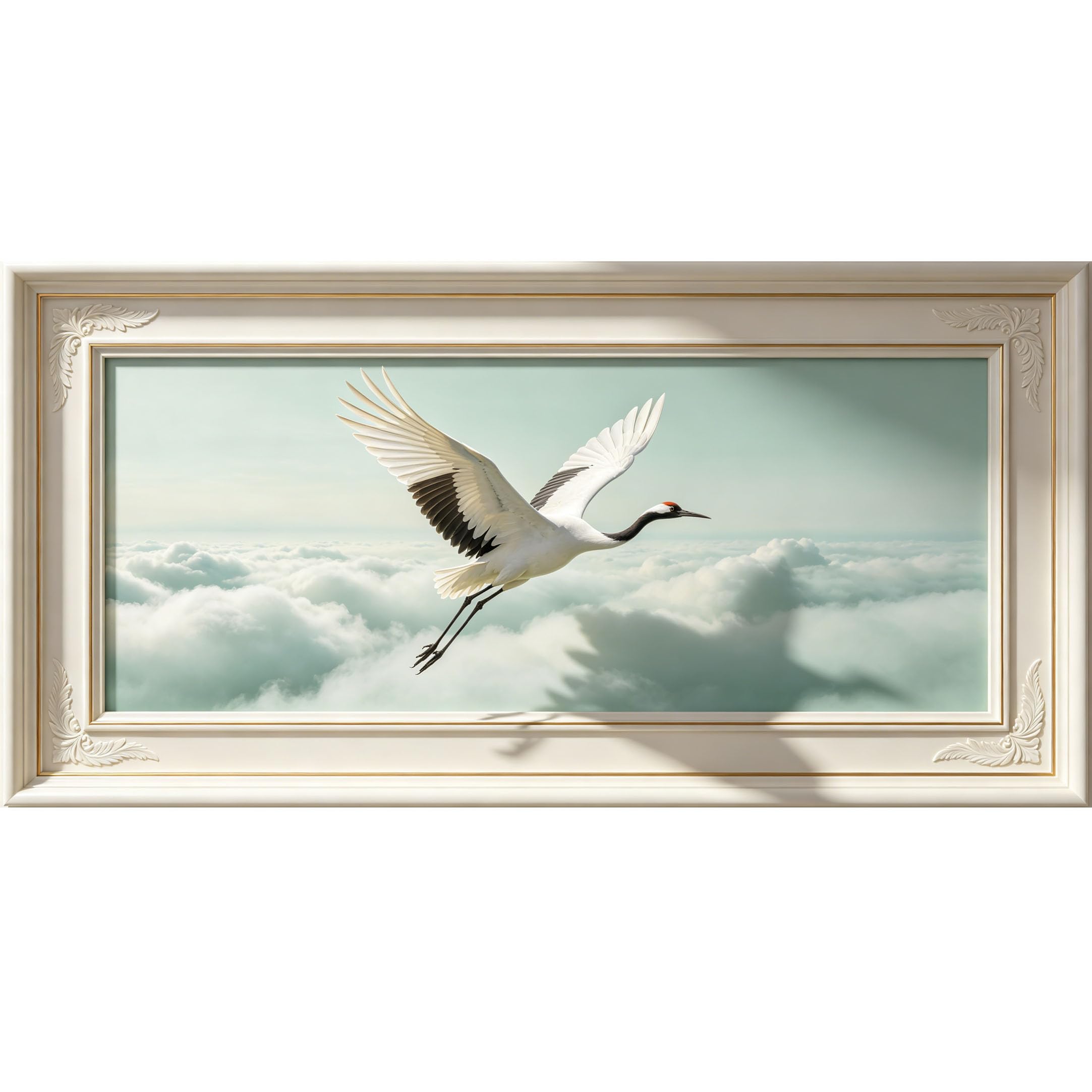 Agglomerix 3D Framed Wall Art Red Crowned Crane Flying Clouds Landscape Traditional Trompe l'oeil Large Size SelfAdhesive Removable Wall Decor Prints Artwork for Living Room Bedroom Office