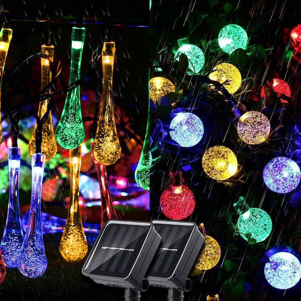 Lichterkette Aussen Solar 2 Stück, Tropfenförmig LED Solarlichterkette Außen Wetterfest 8 Modi Lichterketten IP65 Wasserdicht Solar Lichterkette Balkon Camping Balkon (Bunt,12 m)