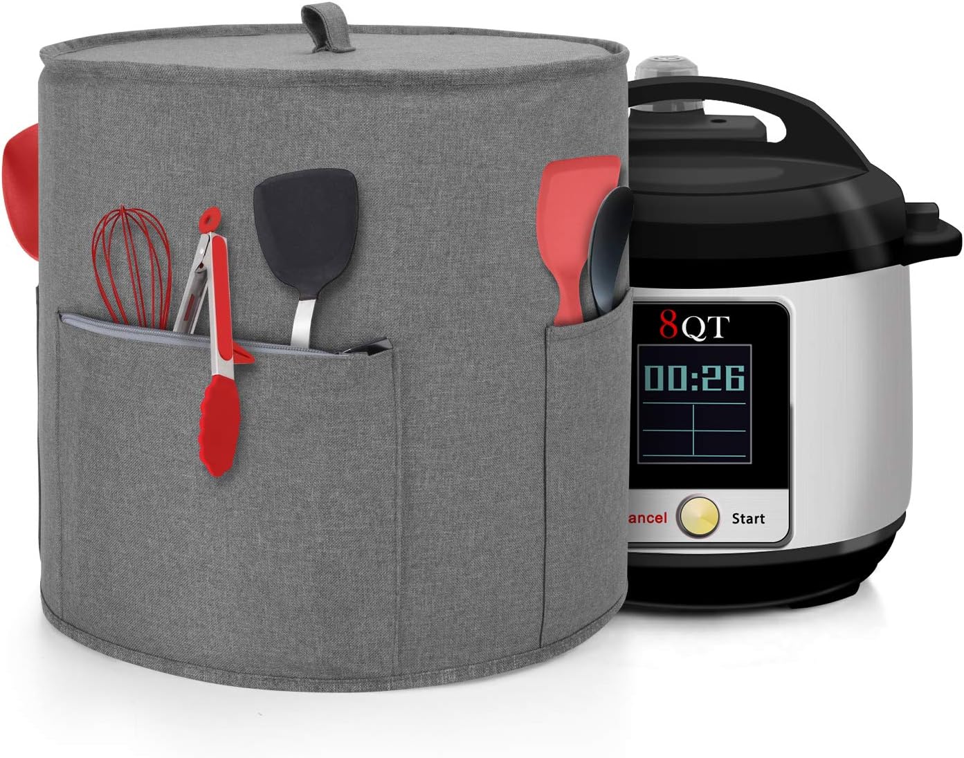 Yarwo Dust Cover Compatible with 8 qt Instant Pot, Protective Cover with Pockets and Top Handle for 8 Quart Pressure Cooker and Kitchen Tools, Gray