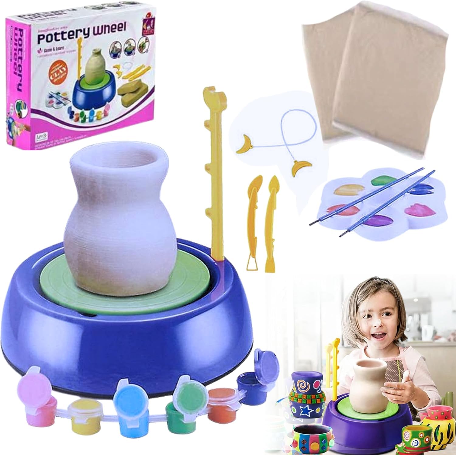 DIY Pottery Art Wheel Play Set, Clay Pot Making Machine Game with Colors and Stencils, Educational Toy for Kids Colors and Stencils Unique Clay Game Educational Toys for Kids,Birthday Gifts