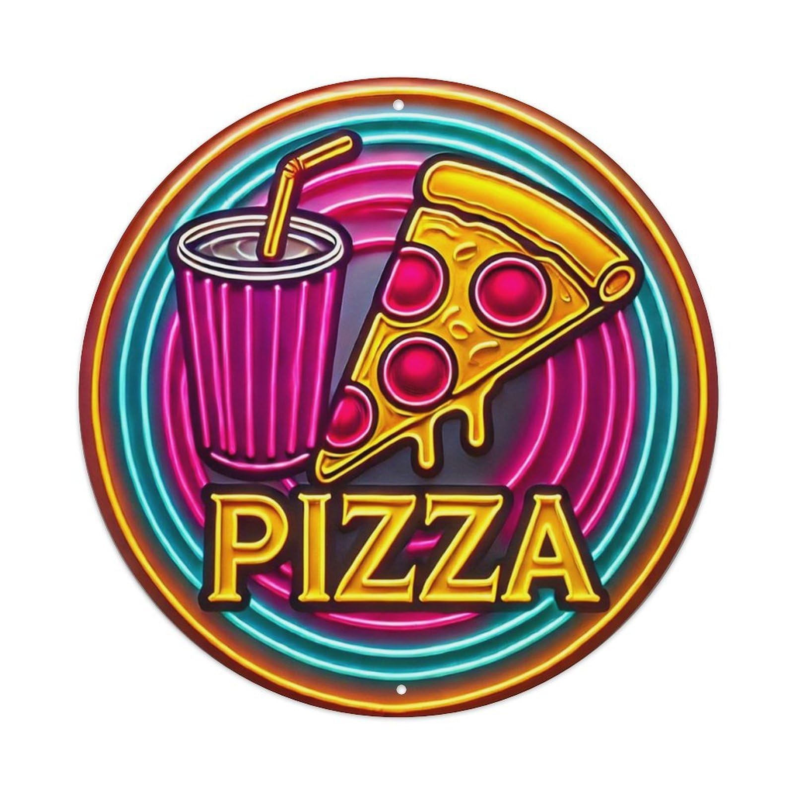 Neon Pizza Slice Drink Sign Retro Metal Sign Round Tin Sign, Vintage Decor Art Poster for Bar, Home, Man Cave, Kitchen, Laundry Room Gift 8x8Inch