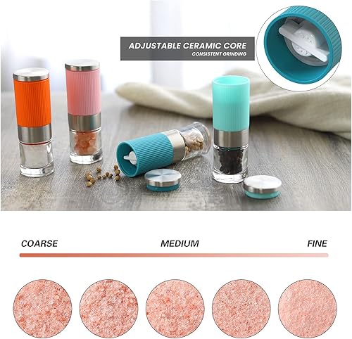 Miniatura 2 de VEVOK CHEF Molinillo pequeño de sal y pimienta, 4 unidades, portátil, mini molinillo de especias de sal de vidrio, molinillo de sal de cerámica,