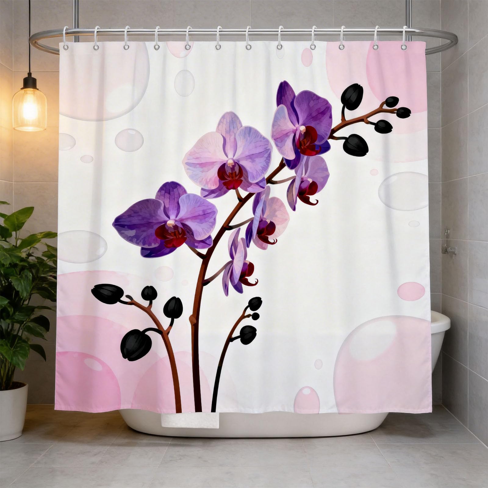 Hongduo 3D Purple Phalaenopsis Shower Curtain for Stalls Bathtubs Flowers Print Bathroom Decor Shower Curtain Set Polyester Fabric Waterproof 180x200cm/71X79 Inch with Hooks
