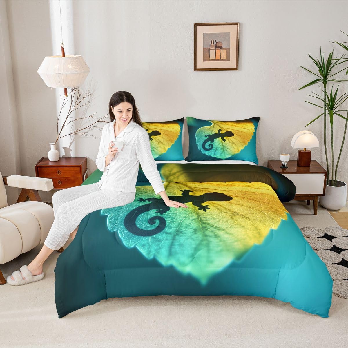 Feelyou Gecko Print Comforter Animal Bedding Set Green Leaf Comforter Set for Boys Girls Teens Decor Nature Duvet Set Twin Size Boys