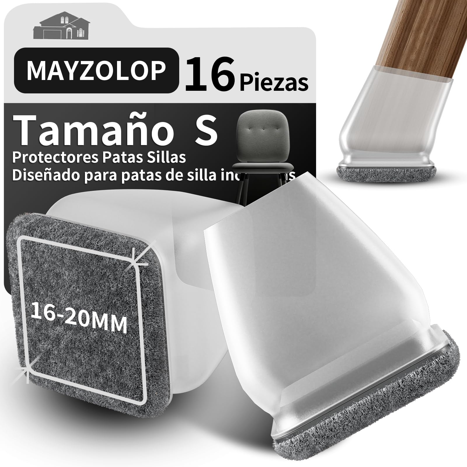 MAYZOLOP 16 Piezas Protector Patas Sillas, Transparentes Protectores Patas Sillas para Inclinación De Las Patas,Cubre Patas Sillas con Fieltro Gris para Suelos De Madera Dura, No Scratches No Noise