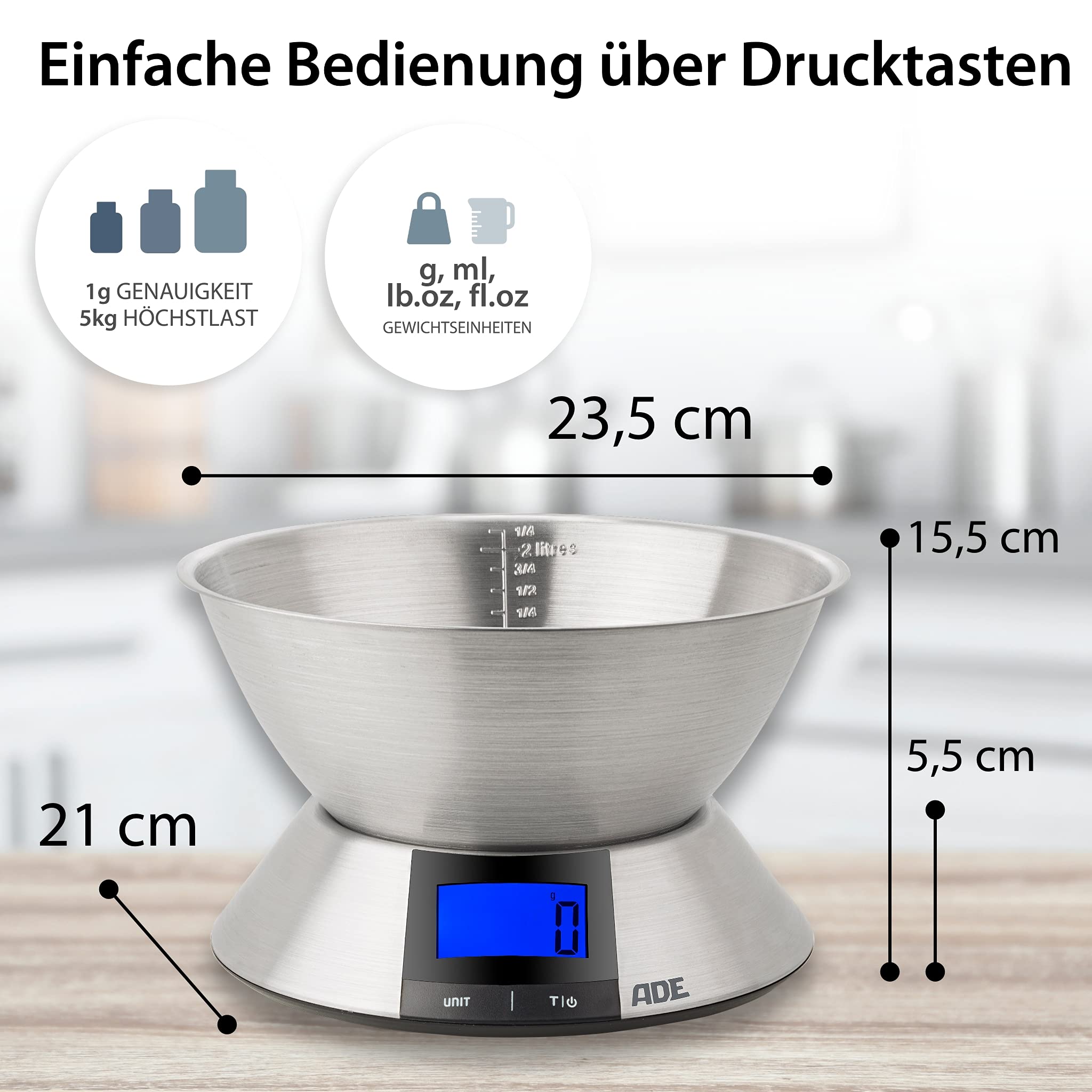 ADE Digitale Küchenwaage mit Schüssel KE1702 Hanna. Elektronische Schüsselwaage mit Schüssel aus Edelstahl (spülmaschinengeeignet) zum präzisen Wiegen bis 5 kg. Farbe: silber