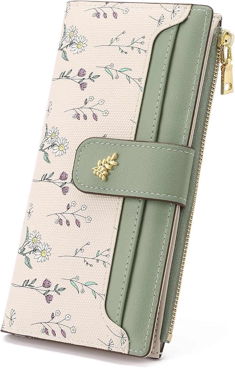 GAEKEAO Womens Wallet Slim Thin RFID Blocking Floral Vegan Leather Card Holder Bifold Long Ladies Wallet with Zipper Pocket