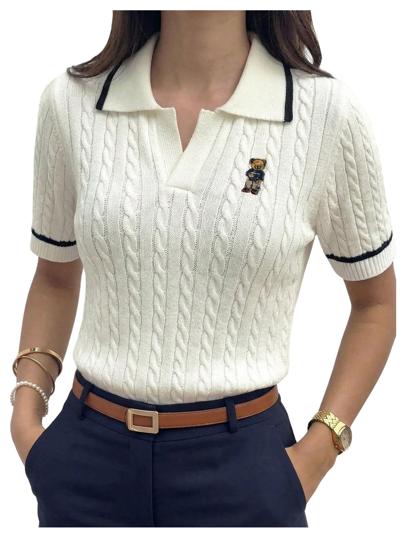 Women's Collared Cable Knit Sweaters Striped Short Sleeve Sweaters