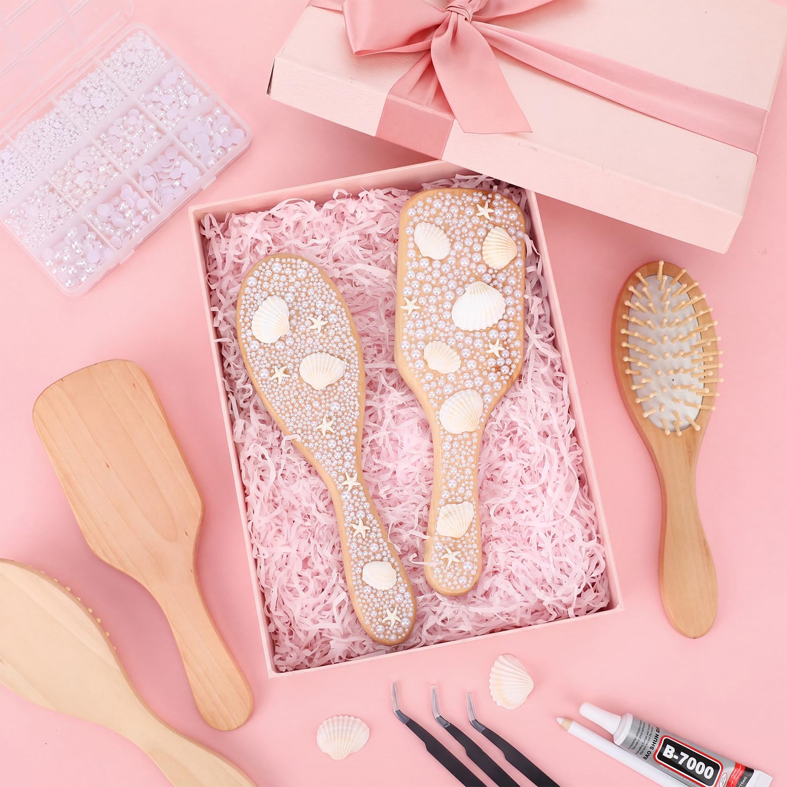 Meanplan Juego de 12 cepillos de madera para el pelo – Cepillo de bambú para hacer tu propio juego con perla, concha, estrella de mar y encaje para niñas, fiesta nocturna, boda, cumpleaños, actividad