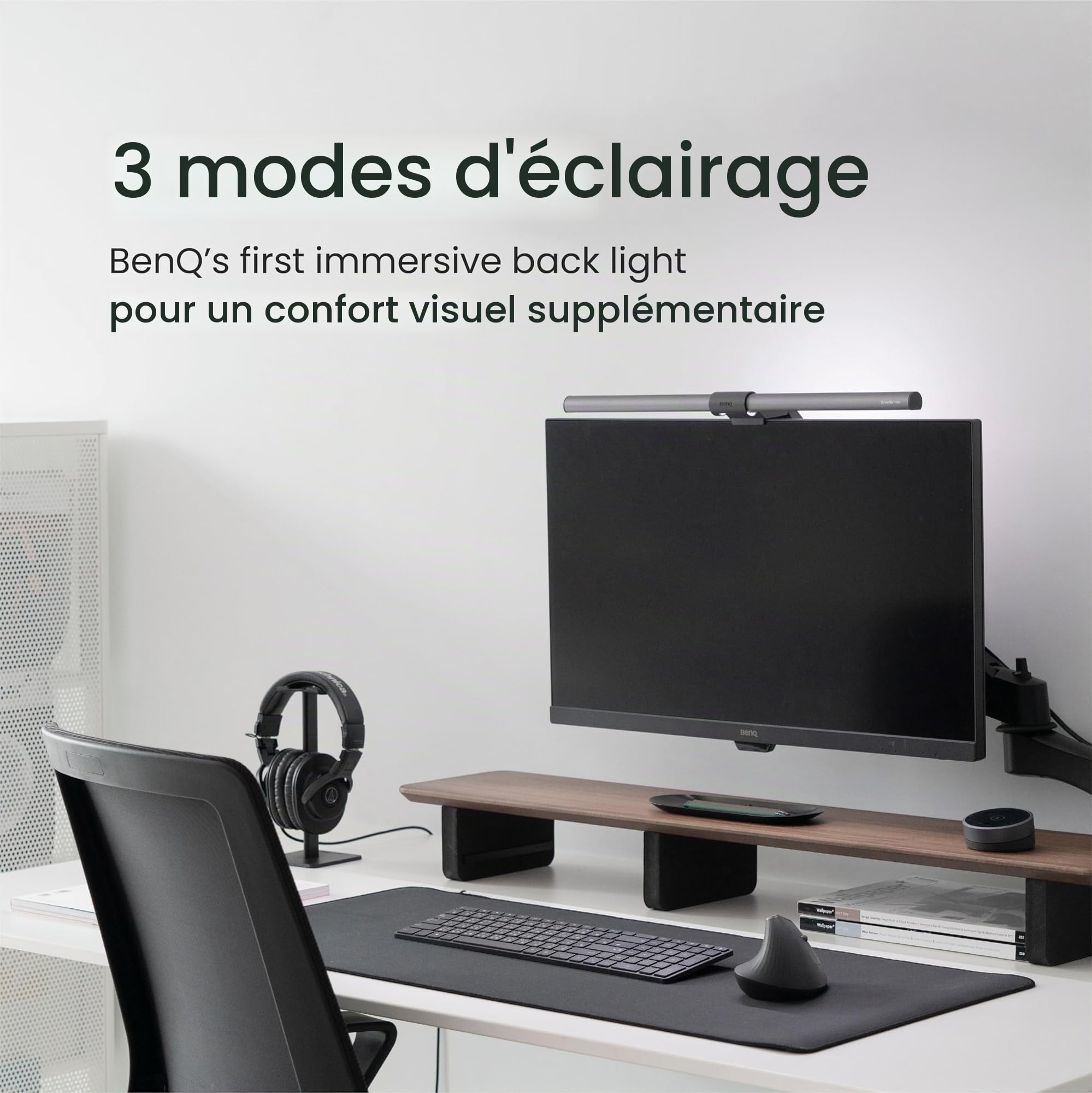 BenQ ScreenBar Halo lampe de bureau avec télécommande Bluetooth, garantit sans reflet sur l’écran, gain d’espace , 3 modes de lumières intelligentes | Compatible avec les écrans incurvés 1000-1800R