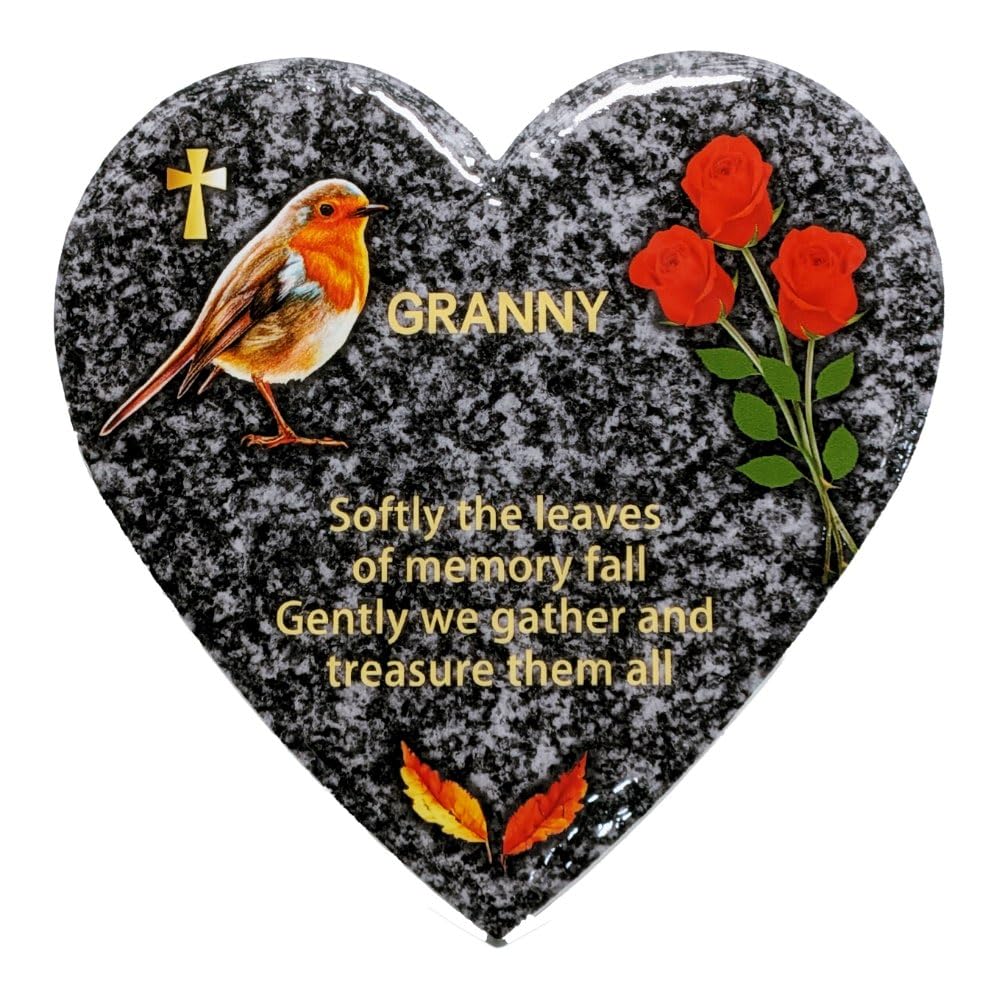 In Memoriam Heart Shaped Tile Grave Plaque (20 x 20 cm Granite finish) (Granny, Heart 20 cm (Granite))