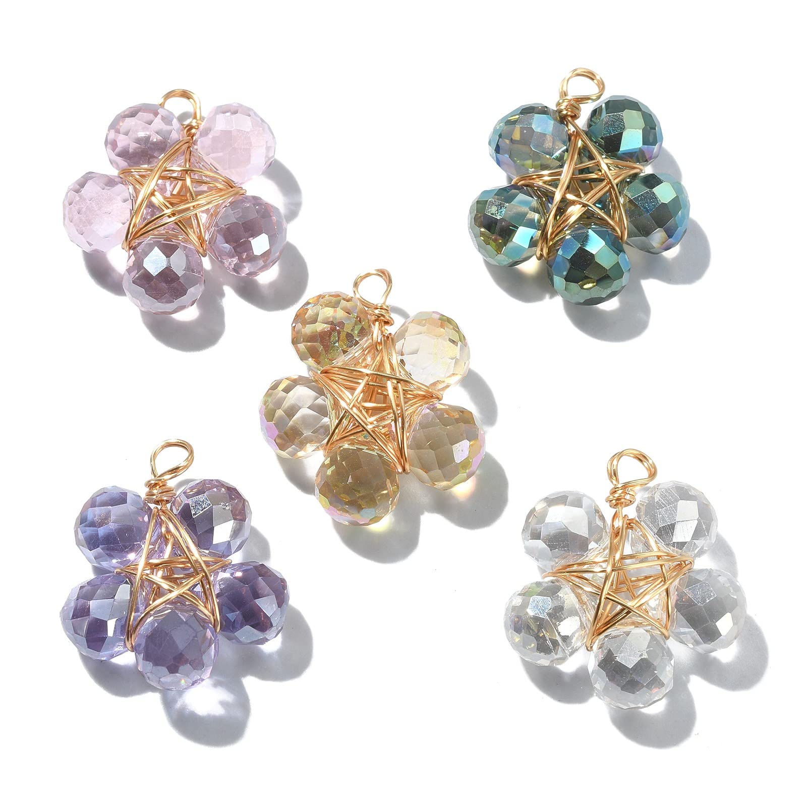 Ipotkitt 30 Pcs Mixed Color Faceted Glass Flower Charms Shiny Plant Crystal Flower Charms for DIY Jewelry Finding Making Crafts