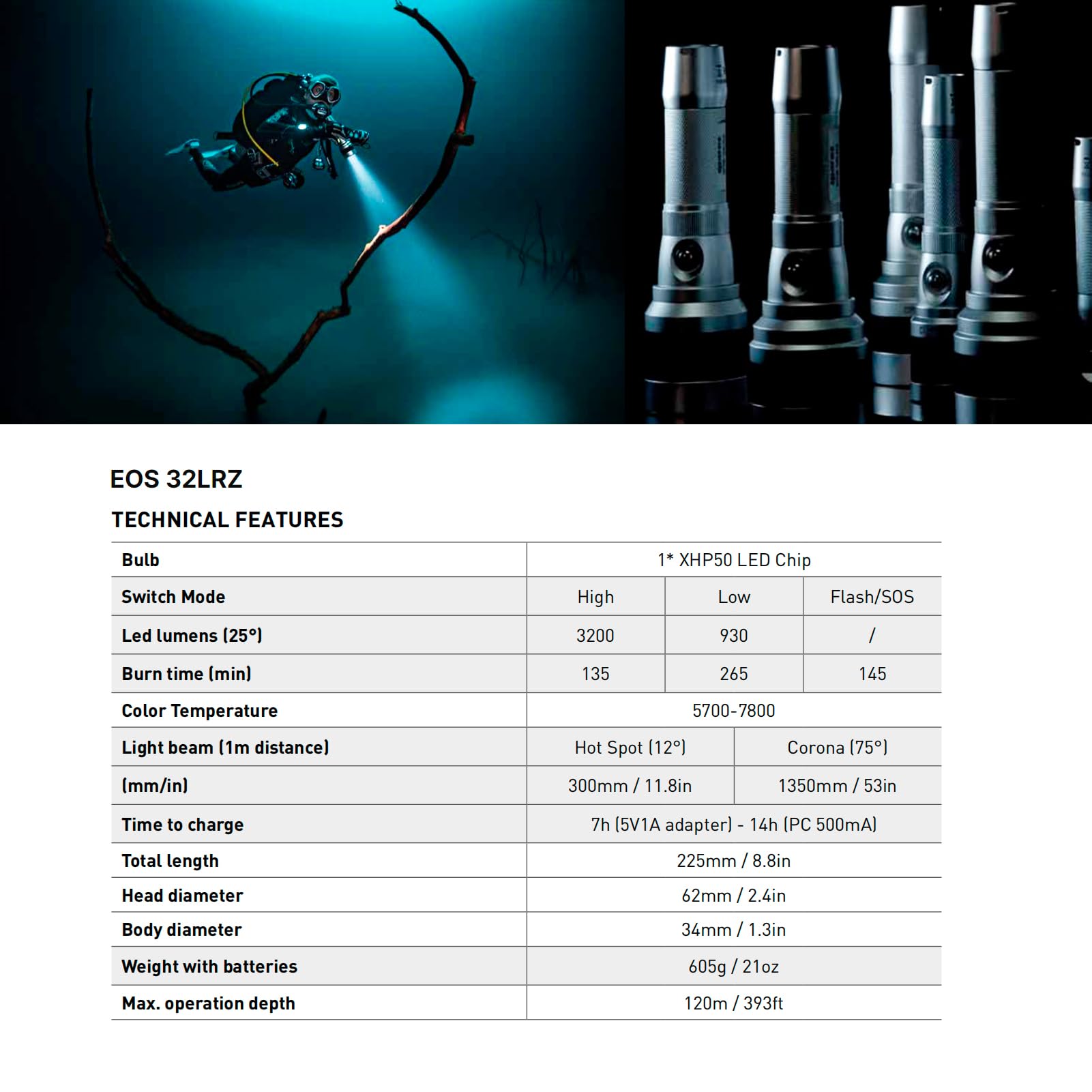 Mares EOS 32LRZ Torcia per Immersioni Ricaricabile 3200 Lumen