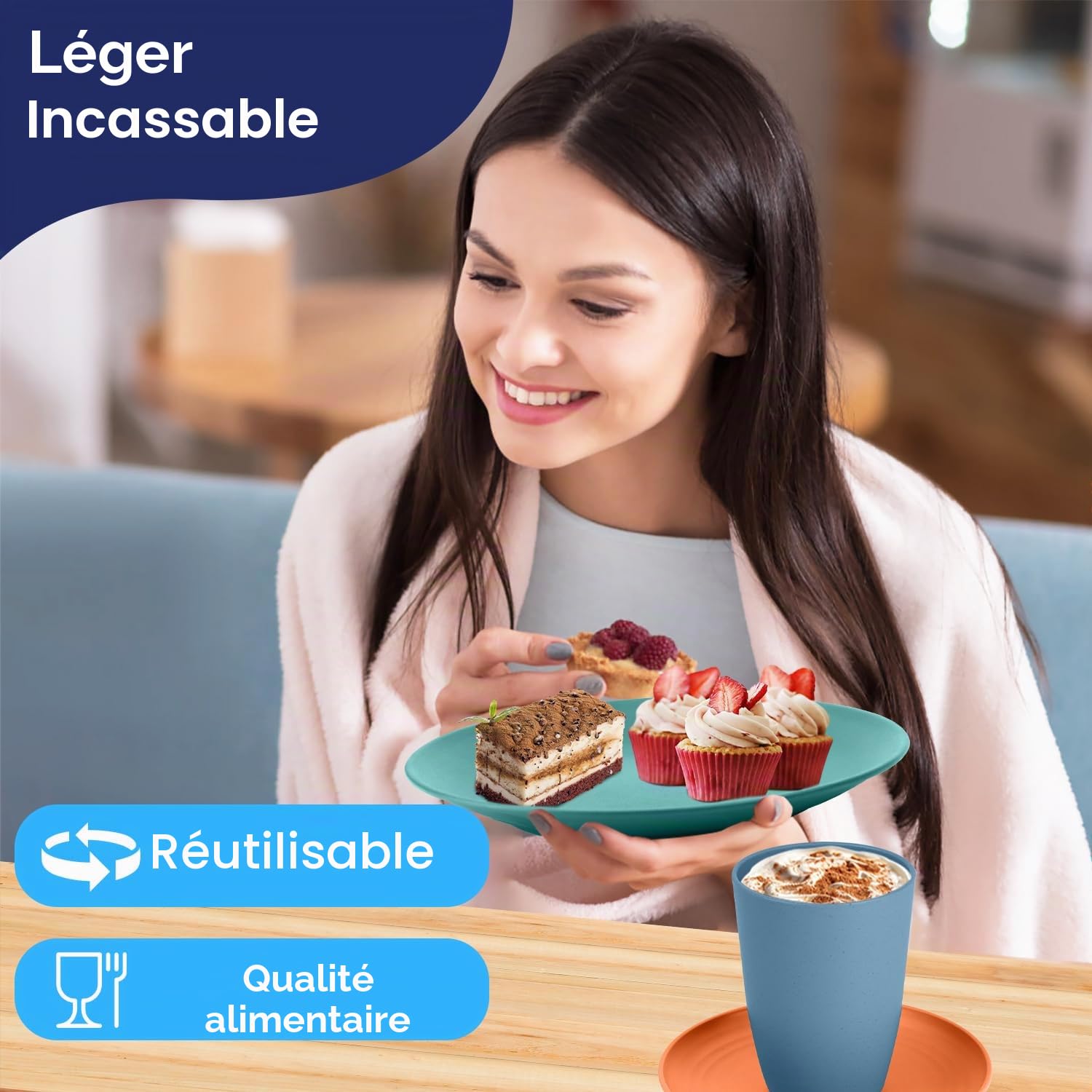Wrova Service de table en plastique 40 pièces – Service pour 8 personnes | Assiettes et bols | Service de vaisselle incassable – Assiettes plates, assiettes à dessert, bols à céréales, verres à boire